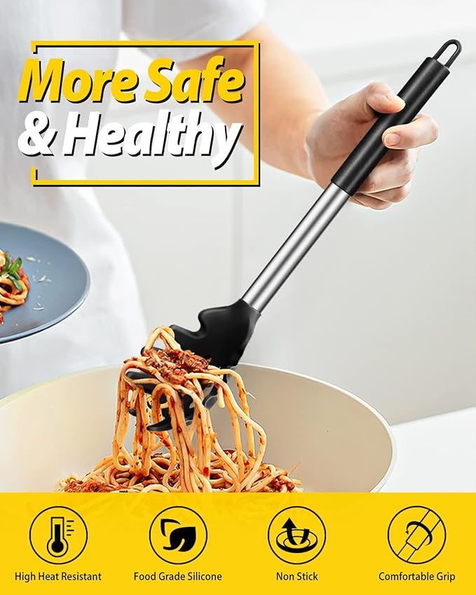 Silicone Pasta Fork and Ladle Spoon Set, Large Non Stick Kitchen Utensils - Image 3