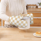 Checkered Beige Silicone Oven Mitts Pan Mats Set of 2, Heat Resistant Gloves - Image 7