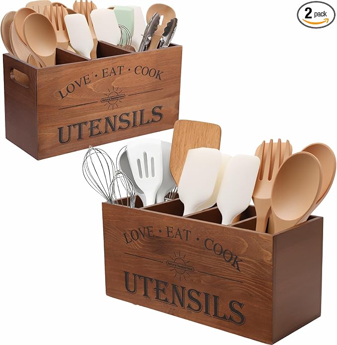 2 PC Wooden Utensil Holder, （With 4-Compartments size*1 + 3-Compartments by Unknown