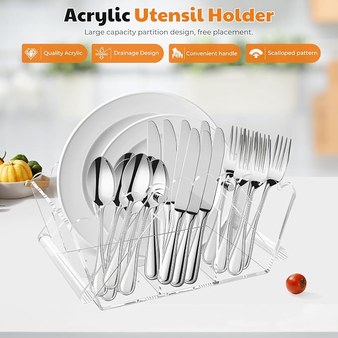 Scalloped Silverware Organizer. Acrylic Utensil Caddy.Heavy-Duty Countertop - Image 2