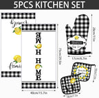 5 Pieces Buffalo Plaid Kitchen Towels Oven Mitts and Pot Holder Set Black and - Image 2