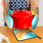 Turquoise Orange Abstract Art Oven Mitts & Pot Holders Sets of 3, Heat - Image 2