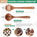 Wooden Spoons for Cooking, Teak Wood Soup Ladle&Slotted Pasta Fork Strainer - Image 2