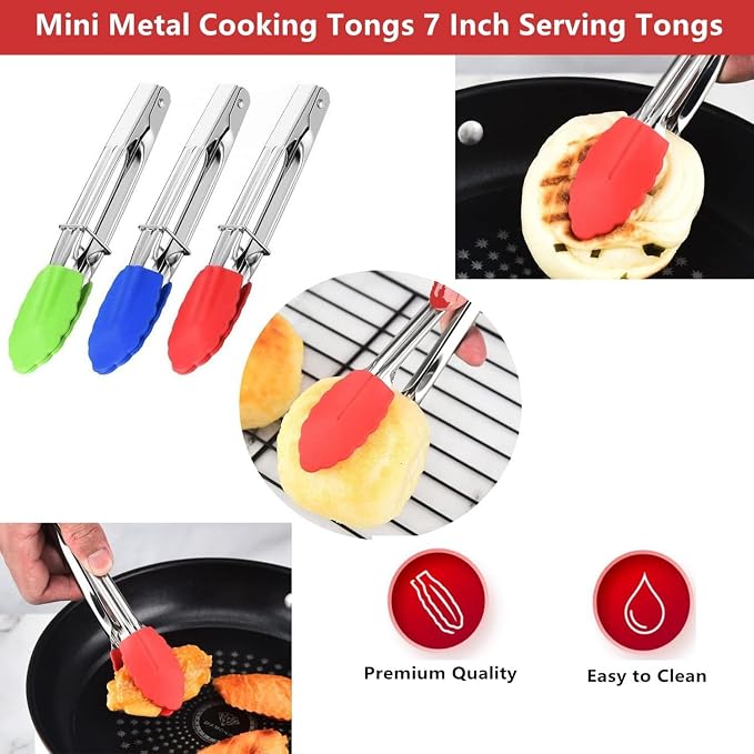 Mini Kitchen Tongs with Silicone Tips, 3-Piece Set, 7-Inch Non-Stick Tongs with - Image 5