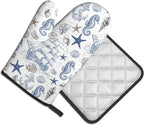 Navy Blue Oven Mitts and Pot Holders Sets Summer Beach Starfish Seashell Oven - Image 2