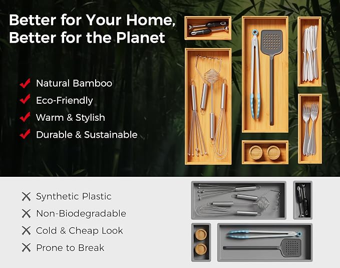 Bamboo Kitchen Drawer Organizer Boxes – 9" x 6" Stackable Wood Silverware - Image 8