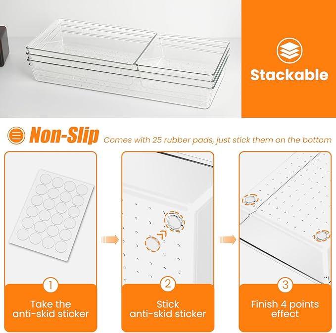 Criusia 18 Pcs Large Size Clear Drawer Organizer Set, Acrylic Non Slip Non - Image 3