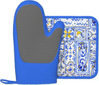 Blue Boho Geometric Silicone Oven Mitts Pan Mats Set of 2, Heat Resistant - Image 2