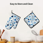 Blue Floral Oven Mitts and Pot Holders Sets of 3, Heat Resistant Cute - Image 6
