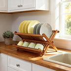 Utoplike Teak Dish Drainer Rack Collapsible 2 Tier Dish Rack Dish Drying Rack - Image 5