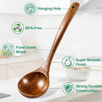 Wooden Ladles for Cooking, 2-Piece Soup Ladle & Pasta Spoon Set, Natural Teak - Image 3