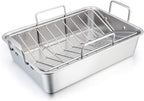 TeamFar Stainless Steel Roasting Pan, 16 Inch Large Turkey Roaster Lasagna Pan by TeamFar