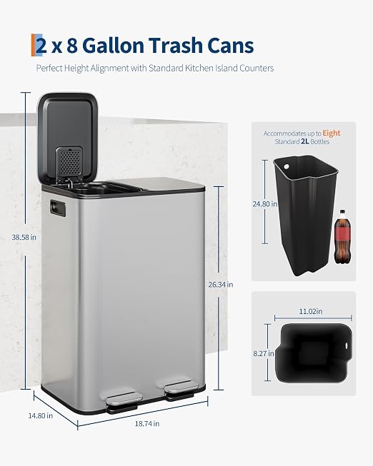 Garvee 2-in-1 Kitchen Trash and Recycle Combo, 30L Stainless Steel Step Trash - Image 6
