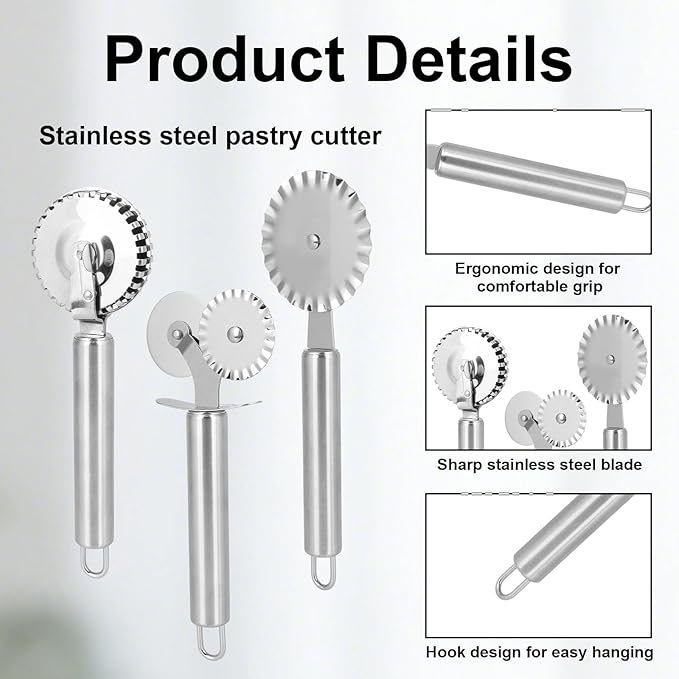 3pcs Pastry Wheel Cutter Set, Stainless Steel Ravioli Pizza Cutter Wheel & - Image 4