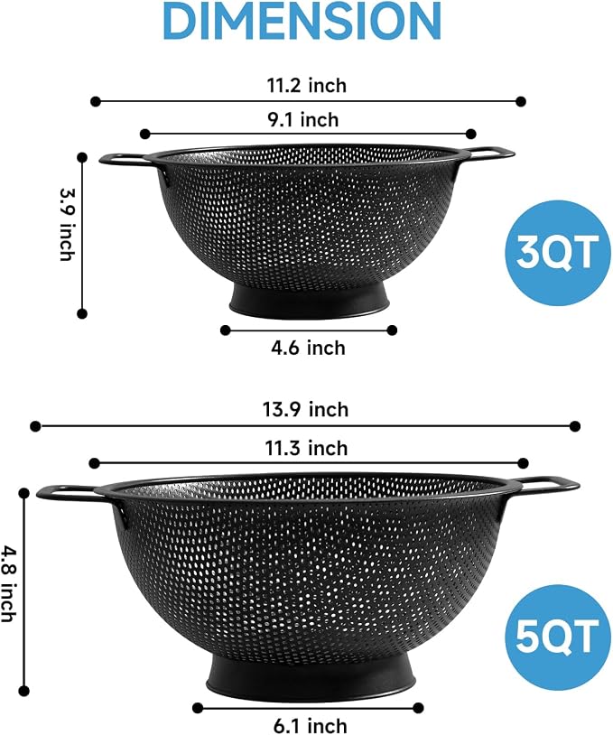 Black Colander for Kitchen, Stainless Steel Pasta Strainer - Image 4