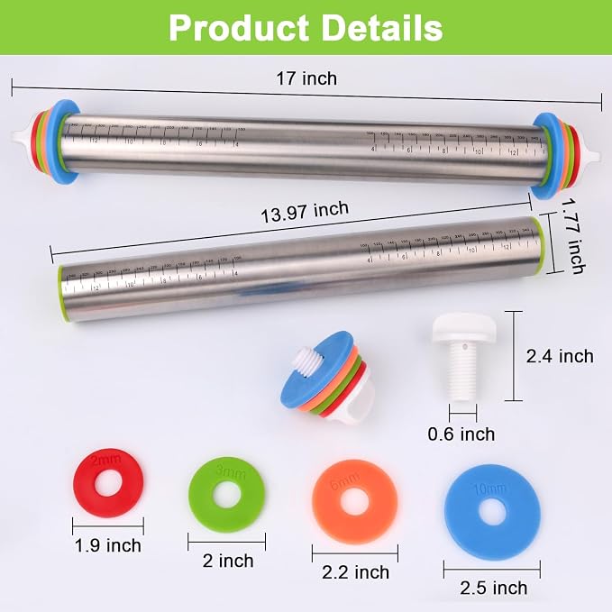 Rolling Pin with Thickness Rings and Silicone Baking Mat, Adjustable Stainless - Image 2