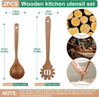 Wooden Ladles for Cooking, 2-Piece Soup Ladle & Pasta Spoon Set, Natural Teak - Image 2