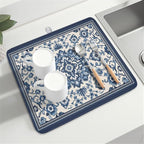 Blue Floral Dish Drying Mat for Kitchen Counter Vintage Flower Pattern - Image 8