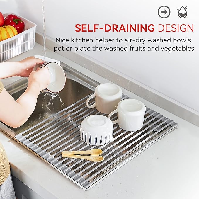 MERRYBOX Roll Up Over The Sink Dish Drying Rack Silicone Wrapped Foldable - Image 7