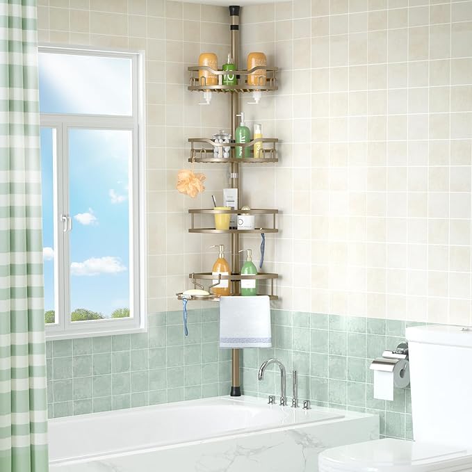 HAMITOR Corner Shower Caddy Tension Pole: Rustproof 4-Tier Bathroom Organizer - Image 2