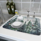 Winter Dish Drying Mat for Kitchen Counter Winter Pine Tree Dish Drying Mat - Image 6