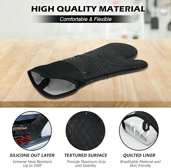 Silicone Oven Mitts 15'' Heat Resistant Flexible Oven Glove Set Hot Mitts - Image 3