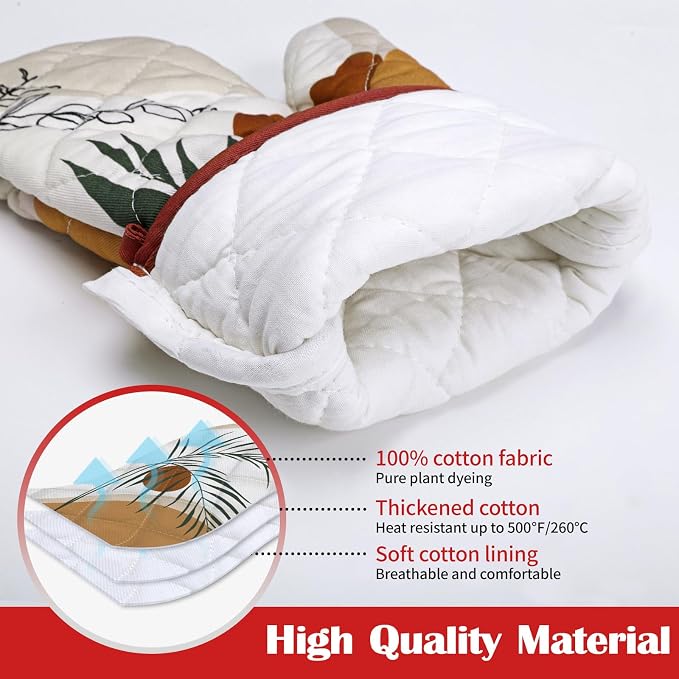 Boho Leaf Oven Mitts and Pot Holders Sets 4Pcs, 100% Cotton Heat Resistant - Image 2