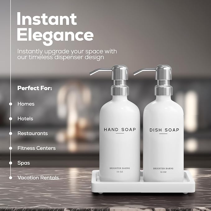 White Glass Hand and Dish Soap Dispenser Set by Brighter Barns - Image 2