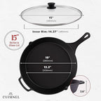Cuisinel 15" Cast Iron Skillet + Glass Lid Cover + Pan Scraper + Heat-Resistant - Image 4