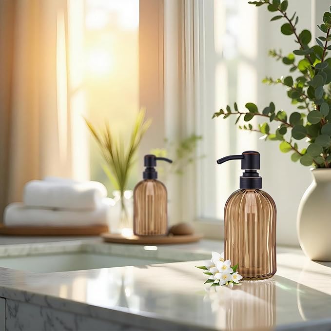 16 OZ Amber Glass Soap Dispenser, Amber Stripe Bathroom Hand Soap Dispensers - Image 4