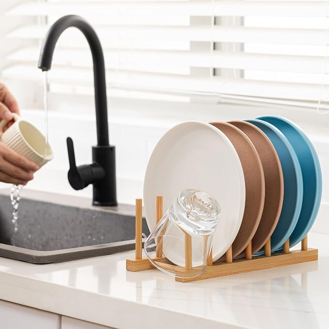 HBlife 2pcs Bamboo Dish Plate Bowl Cup Book Pot Lid Cutting Board Drying Rack - Image 7