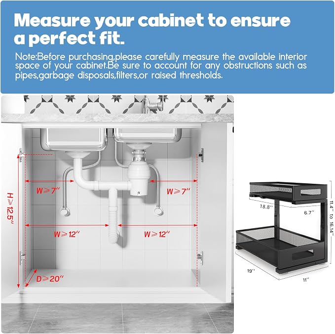 2 Pack 19IN Depth Under Sink Storage Organizer, Large 2-Tier Elegant Mesh Pull - Image 2