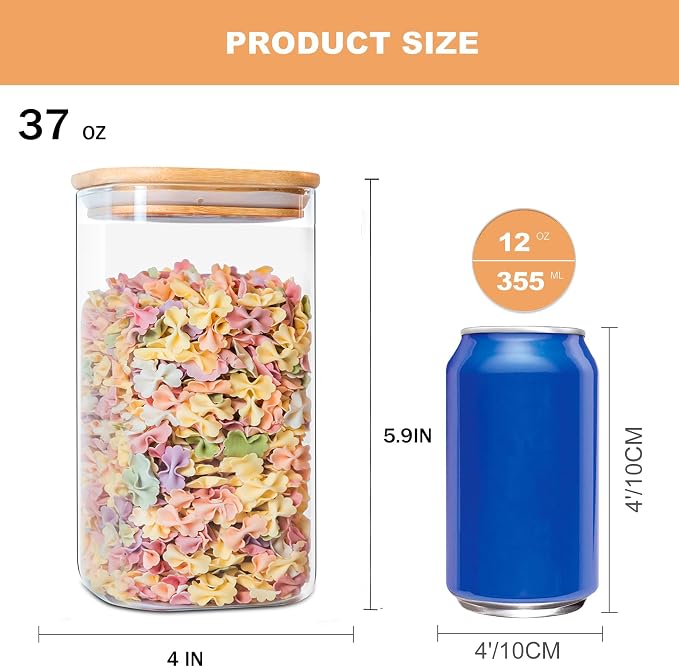 6-Pack Glass Food Storage Jars Set, 37oz Airtight Clear Canisters - Image 2