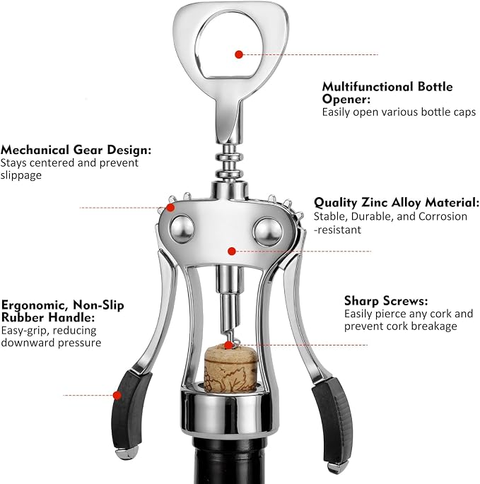 KORCCI Wine Opener, Heavy-Duty Zinc Alloy Wing Corkscrew, Premium Beer Bottle - Image 2