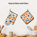 Spring Orange Blue Floral Oven Mitts and Pot Holders Sets of 3, Heat Resistant - Image 5