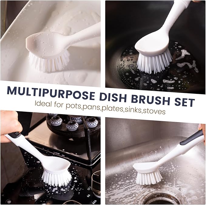 Dish Brush with Handle, Dish Scrub Brush with Built-in Scraper, Nylon Dish - Image 6