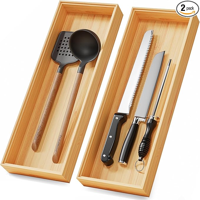 Long Bamboo Kitchen Drawer Organizer Boxes – 17" x 6" Stackable Wood Silverware by LOCHANTIE