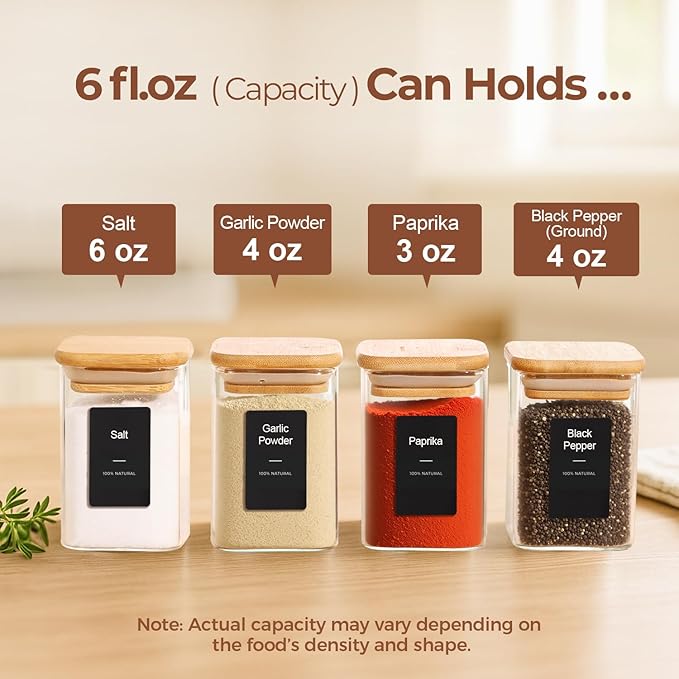 ComSaf 16Pcs Spice Jars with Labels, Glass Jar with Bamboo Lid, 6oz Airtight - Image 2