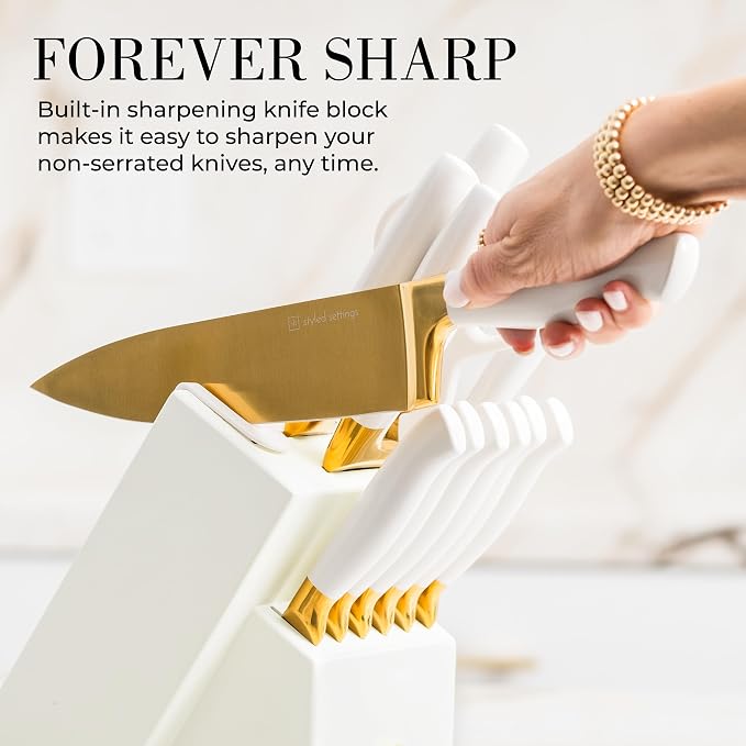 White and Gold Knife Set with Block - Image 3