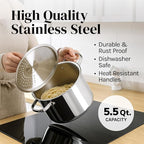 Stainless Steel Pasta Pot with Strainer Lid — 5.5 Qt Large Capacity Spaghetti - Image 6