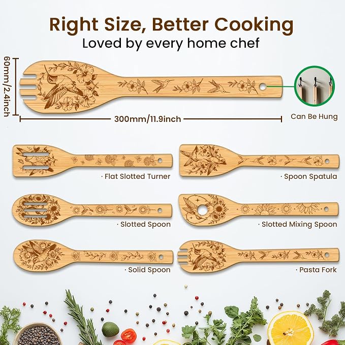 CUTHOLLOW 6PCS Hummingbird and Rose Wooden Kitchen Cooking Utensil Set - Image 2
