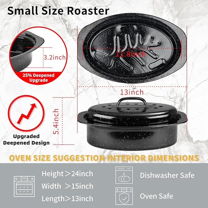 JY COOKMENT Granite Roaster Pan, Small 13” Enameled Roasting Pan - Image 3