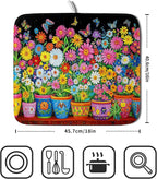 Colorful Floral Dish Drying Mat 16 X 18 Black Spring Flowers Absorbent - Image 2
