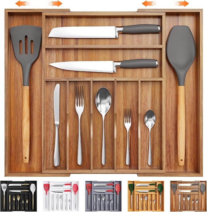 Bellsal Large Premium Acacia Wood Silverware Organizer by Bellsal