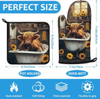 Highland Cow Sunflower Oven Mitts and Pot Holders Sets Heat Resistant 4Pcs - Image 2
