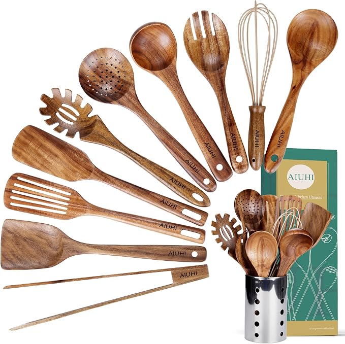 Kitchen Utenails Set with Holder, Kitchen Wooden Utensils by AIUHI