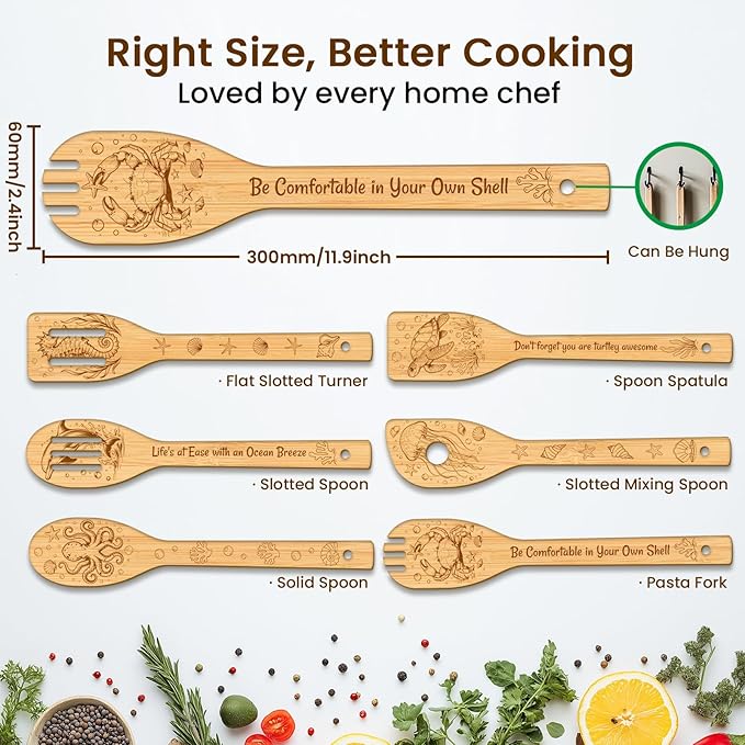CUTHOLLOW 6PCS Marine Animals Wooden Kitchen Cooking Utensil Set, 11.9in Non - Image 2