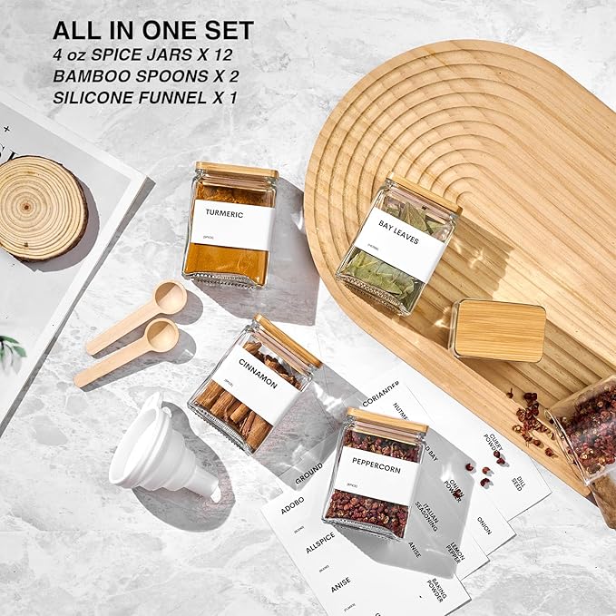 Glass Spice Jars with Bamboo Lid, 4oz Square Spice Containers - Image 3