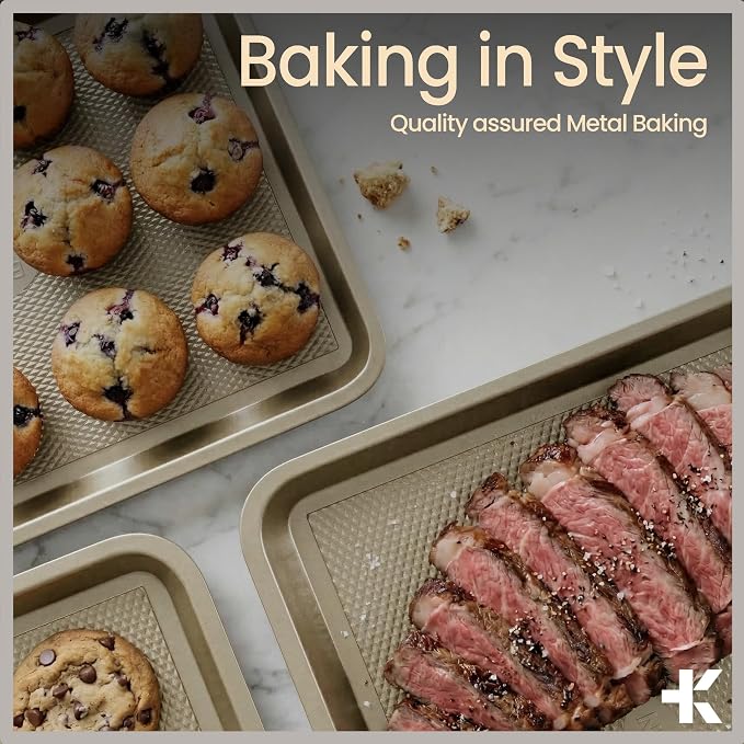 Diamond Bottom Cookie Sheet Set of 3, Nonstick Gold Carbon Steel Baking Pans - Image 8