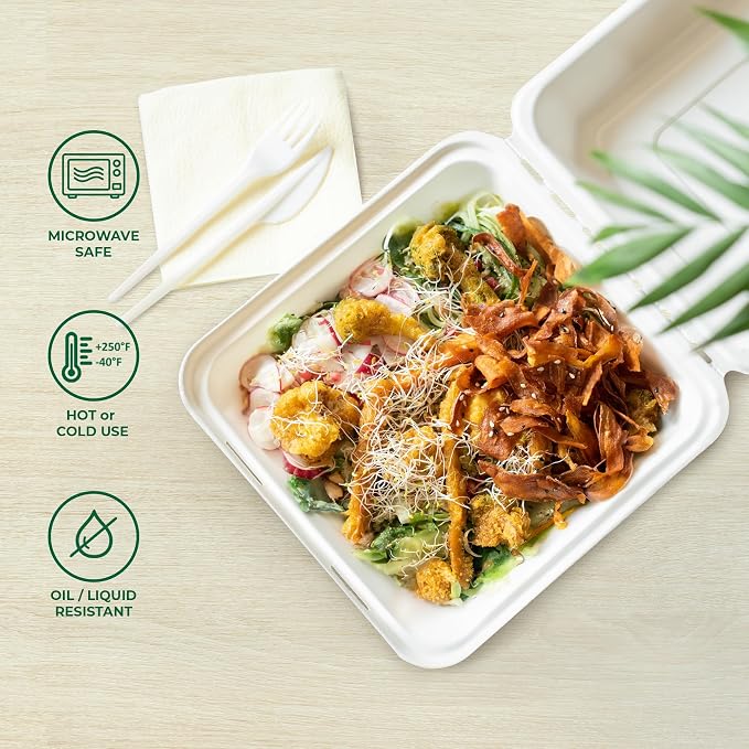 Freshware Compostable 9x9" Clamshell Take Out Food Containers - Image 4